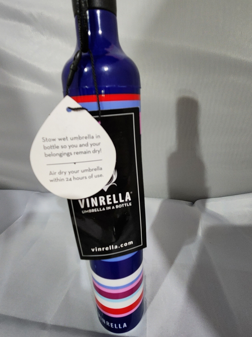Blue Compact Umbrella in Bottle with Stripe Detail